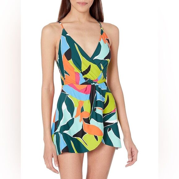 Anne Cole Swimsuit Swim Dress One Piece Size 14 Tropical Resort Pool Cruise - Picture 1 of 12